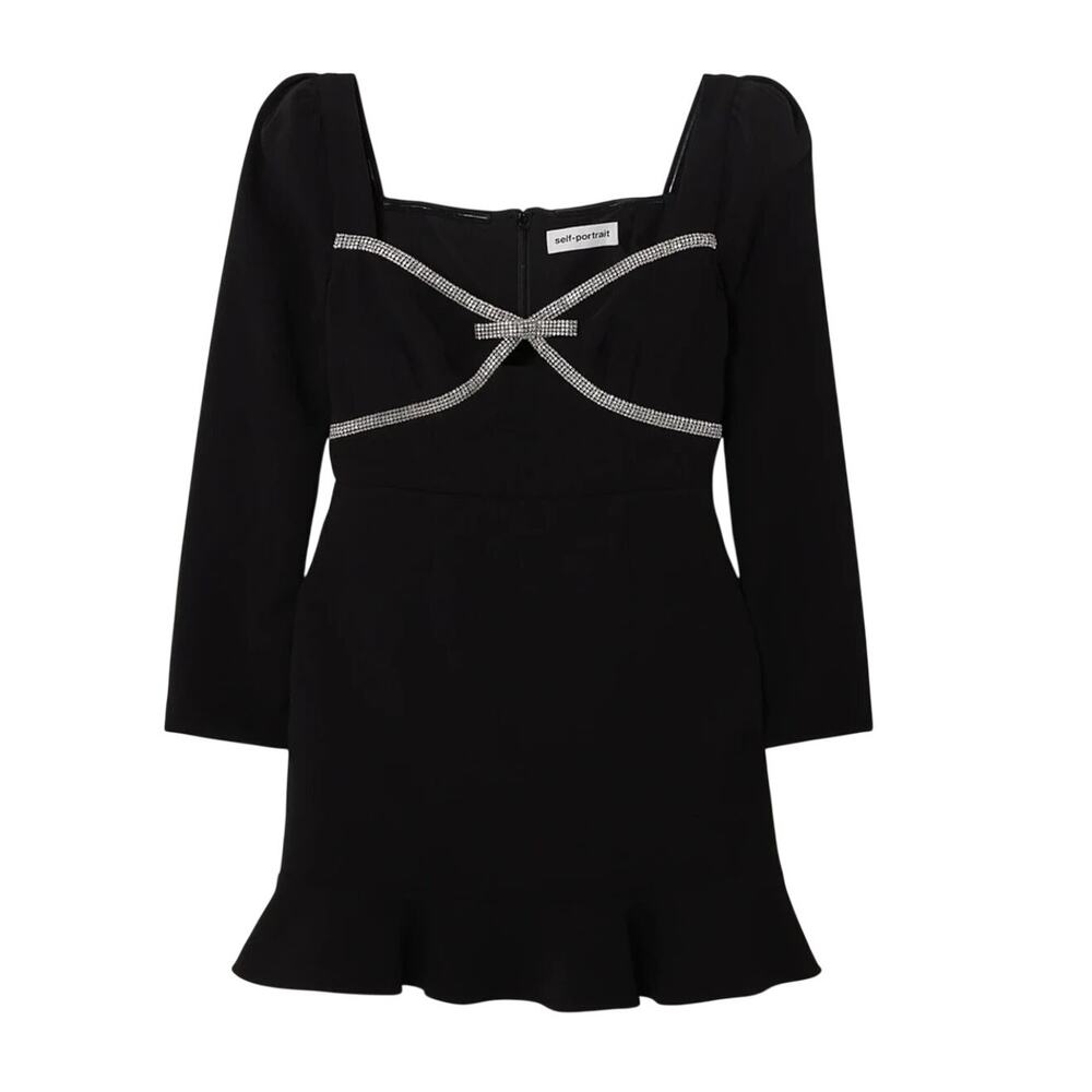 Self-Portrait Embellished Black Bow Trim Mini Dress Size 4 UK / US 0